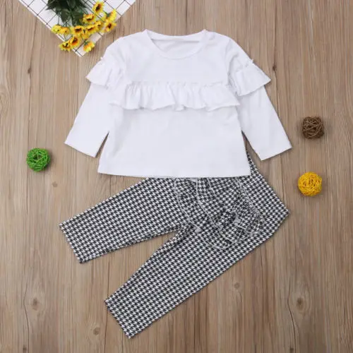 Красивые клетчатые топы с оборками для маленьких девочек и модные штаны леггинсы