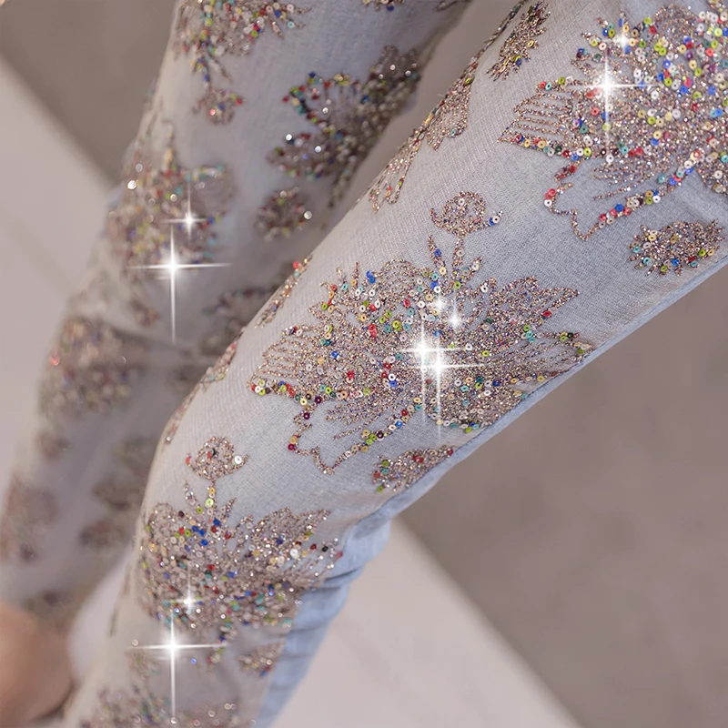 

High Waist Sequins Jeans Women Blue Ankle Length Pant Multi-Pockets Pencil Pants Female Denim Pants Spring Autumn Streetwear