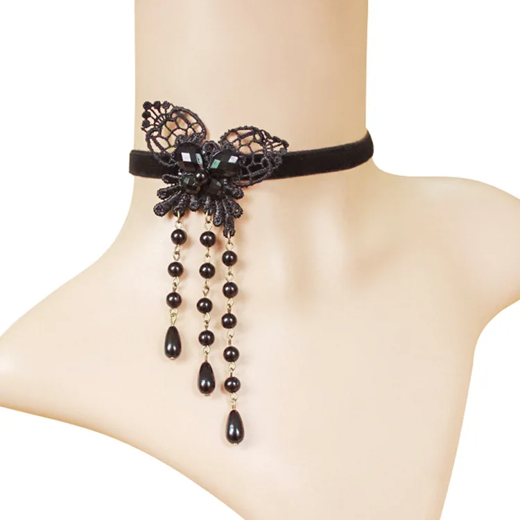 

Korean Black Lace Butterfly Pearl Tassel Female Necklace Fake Collar Necklace Clavicle Chain Accessories