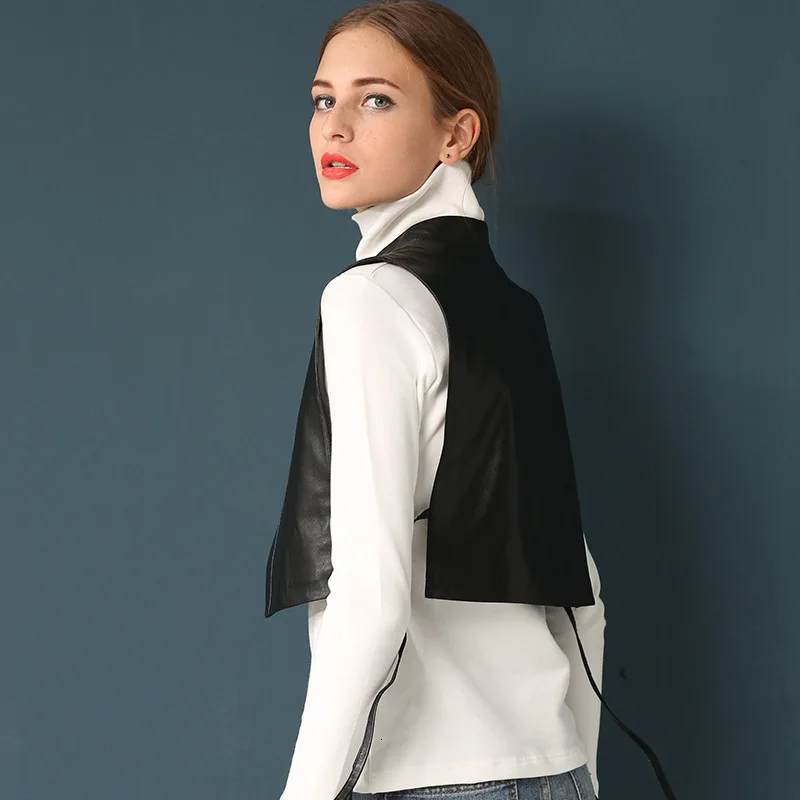 

2020 New Fashion Women Genuine Leather Jacket Sleeveless BF Short Style Punk Lace Up Vest Stand Collar Cardigan Motorcycle Coats
