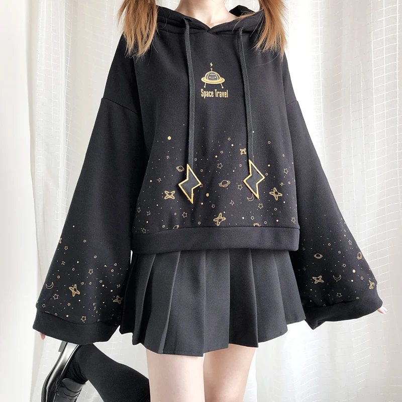 Autumn Winter Black Flare Sleeve Thick Hoodies Japanese Lolita Girl Starry Sky Print Student Long Sleeve Sweatshirt Gothic