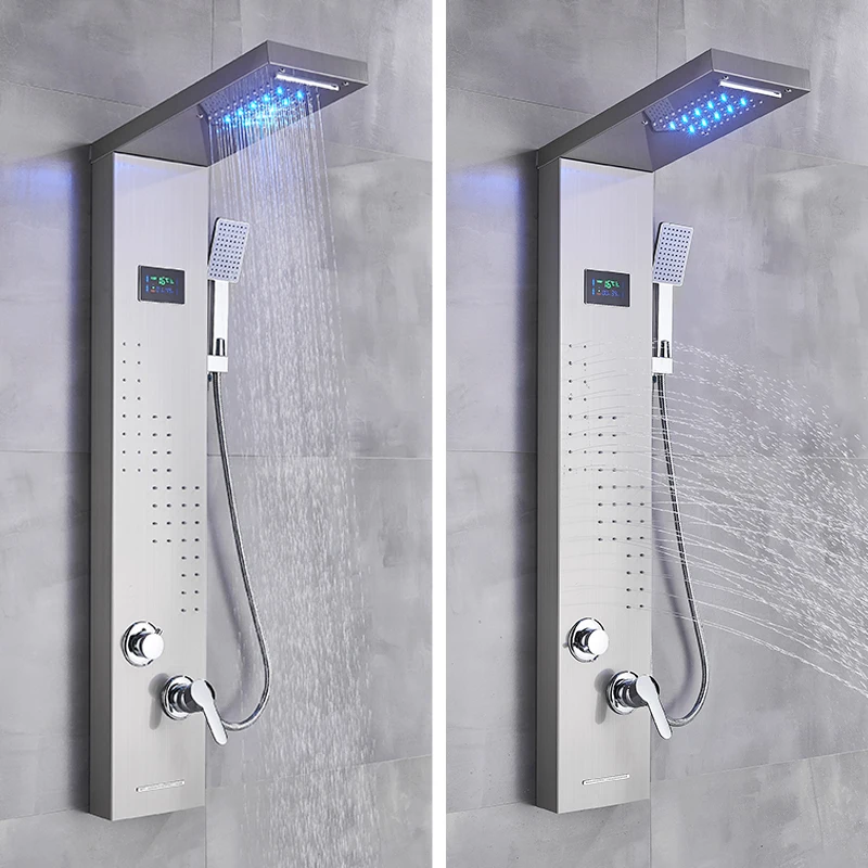 

Rozin Black Bathroom Shower Panel LED Shower Column with Digital Display Brushed nickel Rainfall Shower Faucets 5 Mode Mixer Tap