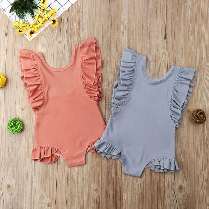 

US Toddler Kids Baby Girl Soild Ruffle Swimwear Swimsuit Bathing Suit Beachwear