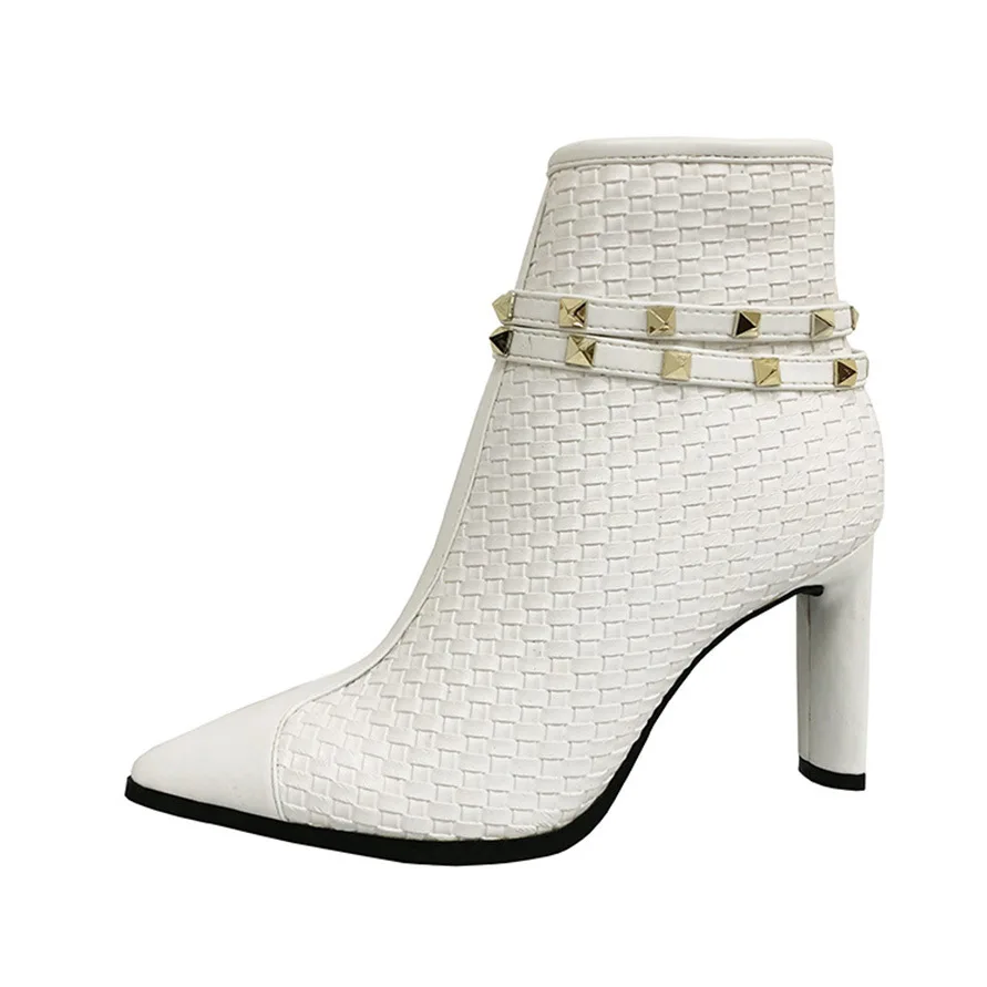 

thick heel net red rivet short boots show thin side zipper versatile women's Boots