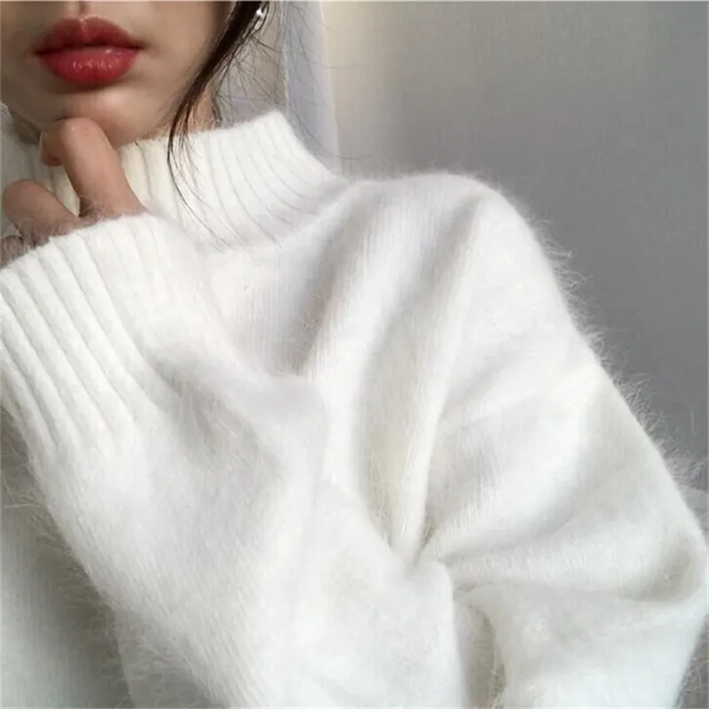 Mink Cashmere Sweater Women Hairy Knitted Winter Jumper Korean Oversized Harajuku Elegant Pullover Loose Turtleneck 2019 | Женская