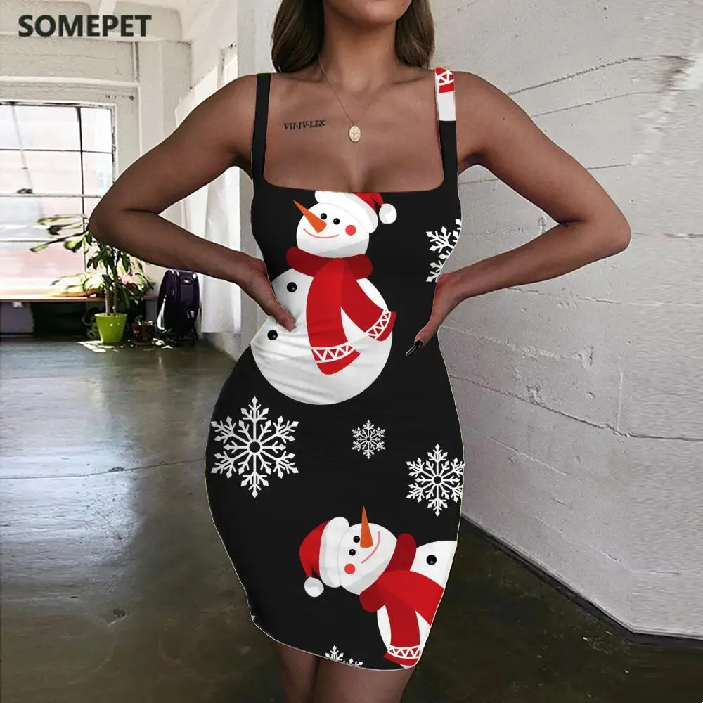 

SOMEPET Christmas Dresses Women Snowman Vestido Sexy Snowflake Sundress Painting Ladies Dresses Womens Clothing Party Short Boho