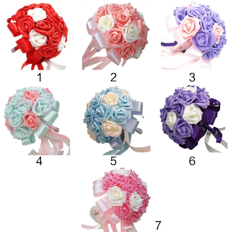 

23cm Wedding Bride Bridesmaid Artificial Silk Rose Flower Contrast Color Hands Holding Bouquets Rhinestone Rod Satin Ribbon