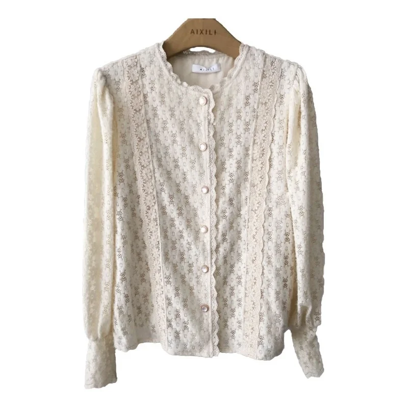 

Женская кружевная рубашка с круглым вырезом, однобортная, осень 2021