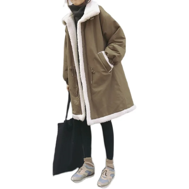 

2021 lamb wool coat jacket women autumn and winter all-match mid-length Korean version loose bf student cotton coat plus velvet
