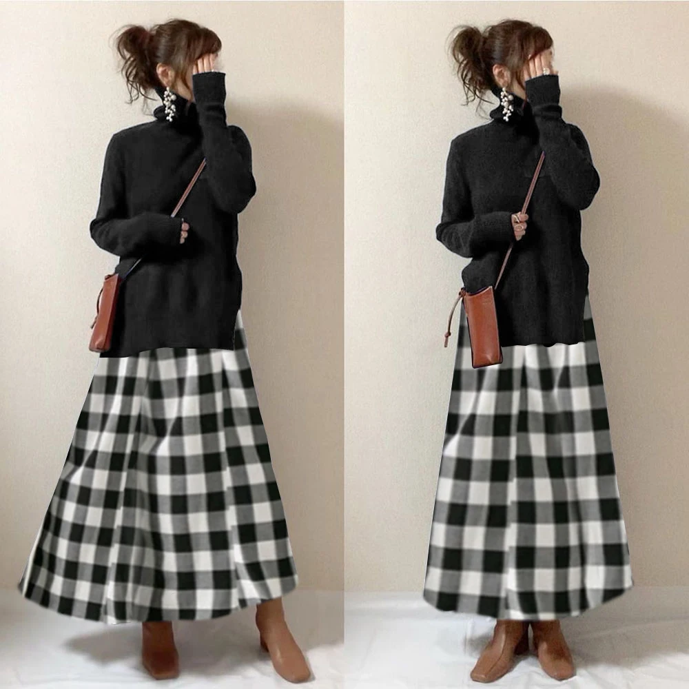 

Korean One Piece Turtleneck Long Dress For Women Autumn Winter Fake Two Piece Ladies A Line Plaid Maxi Dresses Casual 2020 Chic