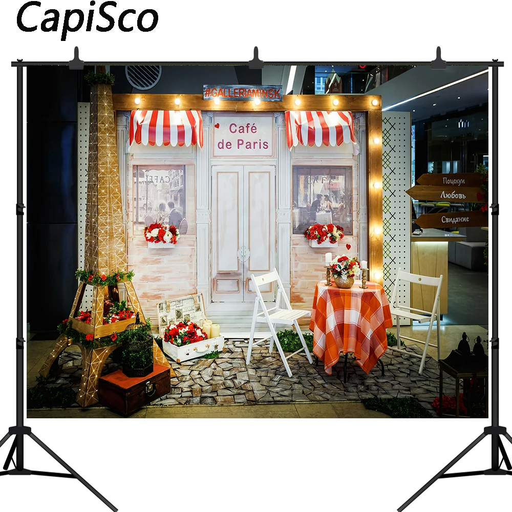 

Capisco Cafe De Paris Retro Store Eiffel Tower Photography Backdrop Custom Photo Studio Backgrounds for Wedding Photo Shoot