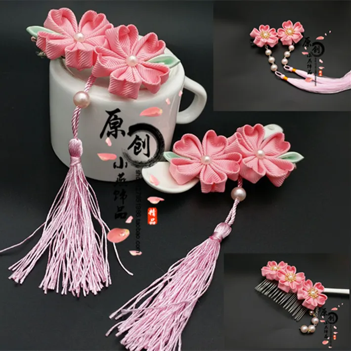 

Hanfu Costume Japanese Kimono Sakura Tassel Tuck Comb Hair Accessories Hairpin Headwear Ancient Style Pink Side Clip Hair Comb