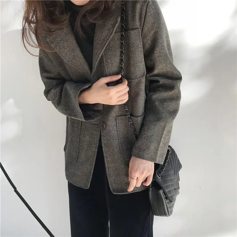 Осенне-зимний Повседневный блейзер с фигурными карманами винтажный шерстяной