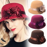 fedora hat women bucket cap vintage imitation woolen flower bowler hats wide brim elegant autumn winter warm soft fedora hat
