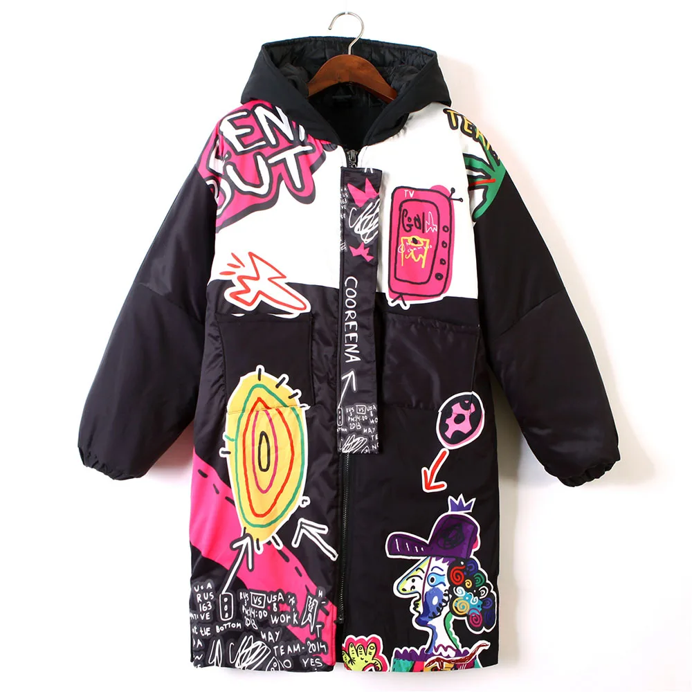 Зимняя женская хлопковая стеганая куртка с капюшоном на молнии мультяшным