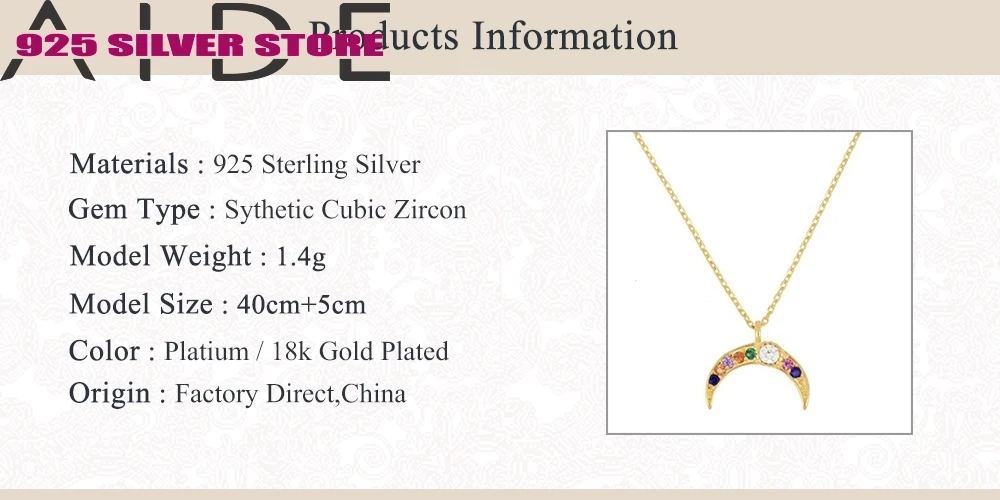 

Aide 925 Sterling Silver European and American New Mixed Colored Zirconia Moon Pendant Necklace Wedding Jewelry Necklace
