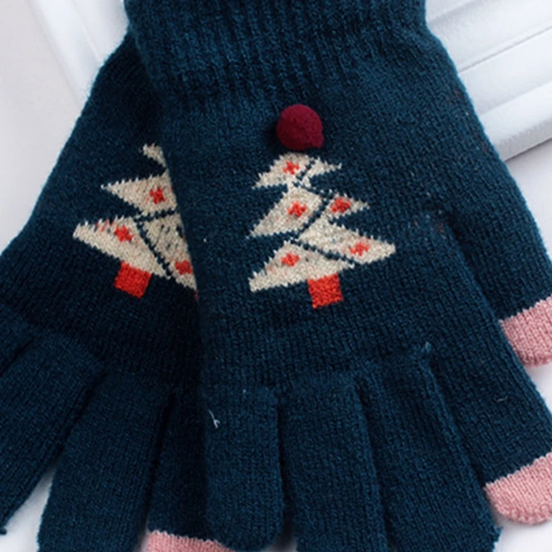 

Children Kids Christmas Knitted Full Finger Gloves Cartoon Xmas Tree Jacquard Thermal Plush Lined Mittens Winter Hand Warmer Hol
