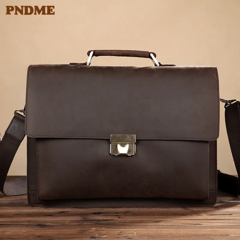 PNDME fashion vintage high quality genuine leather men's briefcase business simple cowhide anti-theft laptop messenger bags tote