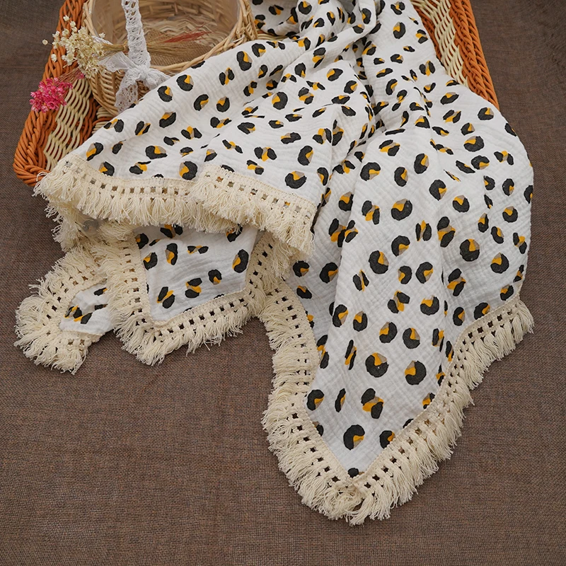 Муслиновое хлопковое детское одеяло с бахромой 2 слоя для новорожденных детская