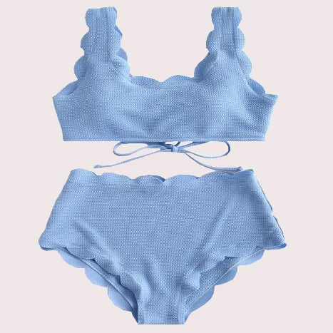 

Uvrcos Push Up Bikinis 2021 Swimsuits Blue Swimwear Women Scalloped Bathing Suit Women Solid Ribbed Biquini Bikini Set Bathers