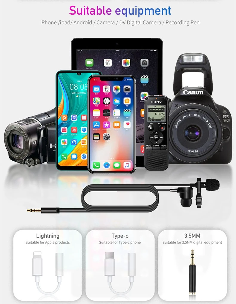 Петличный микрофон 3 5 мм с зажимом для записи аудио и видео смартфонов iPhone Android Mac