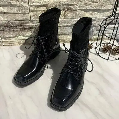 Женские ботинки с квадратным носком Зимние Теплые ботильоны на плоской подошве