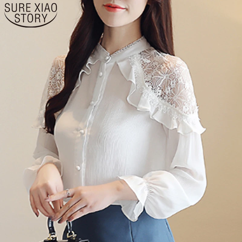 Женская шифоновая блузка с кружевом белая однотонная свободного покроя