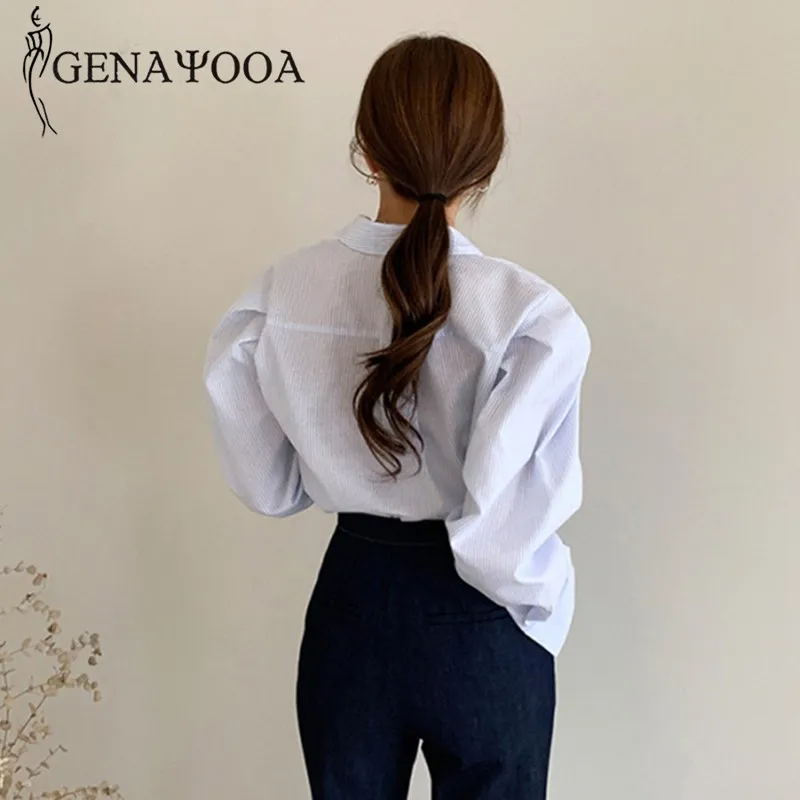 

Genayooa Striped Women Shirts Blouses 2020 Korean Style Womens Tops And Blouses Long Sleeve Irregular Office Ladies Designer Top