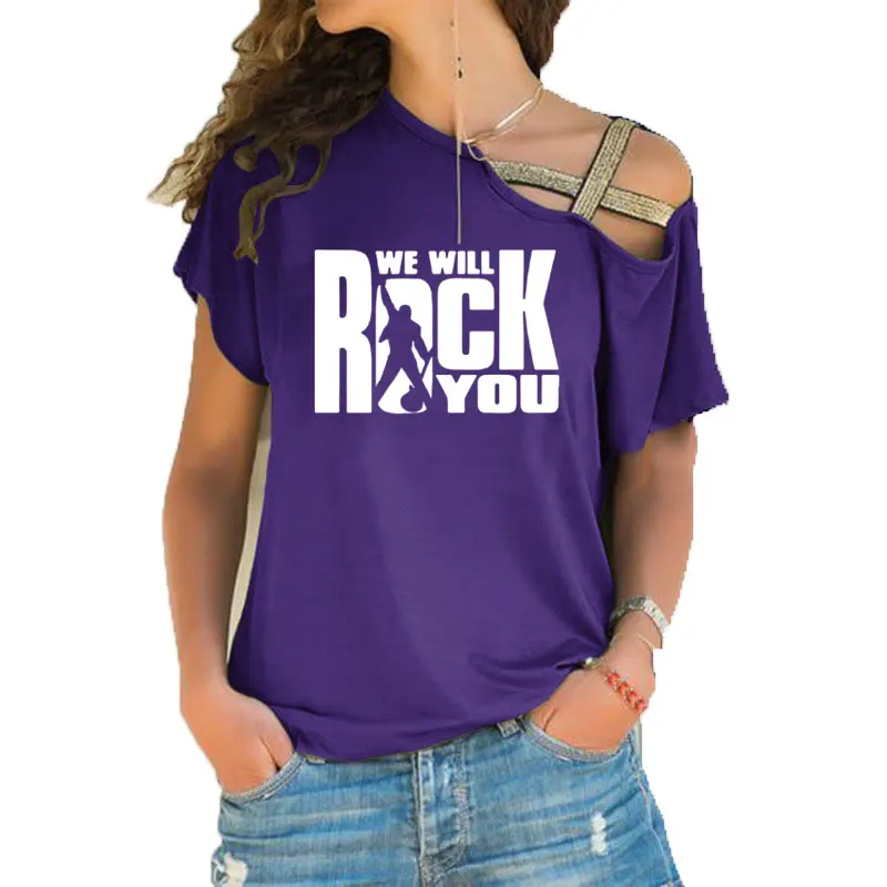 We Will Rock You, женская футболка, летняя, queen, рок-группа, футболка, короткий рукав, хлопок, рок-ролл, для женщин, с неровным перекосом, крест, топы