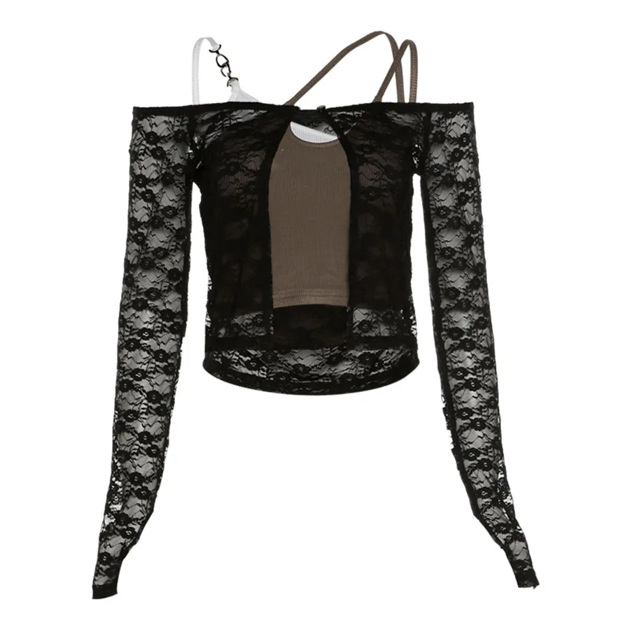 

Sylcue Autumn new two-color spliced one-shoulder halter tank tops are paired with lace long sleeves coat two-piece womens wear