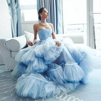 puffy sky blue ruffles tiered prom dresses off the shoulder long evening gowns fashion formal party dress ball gowns