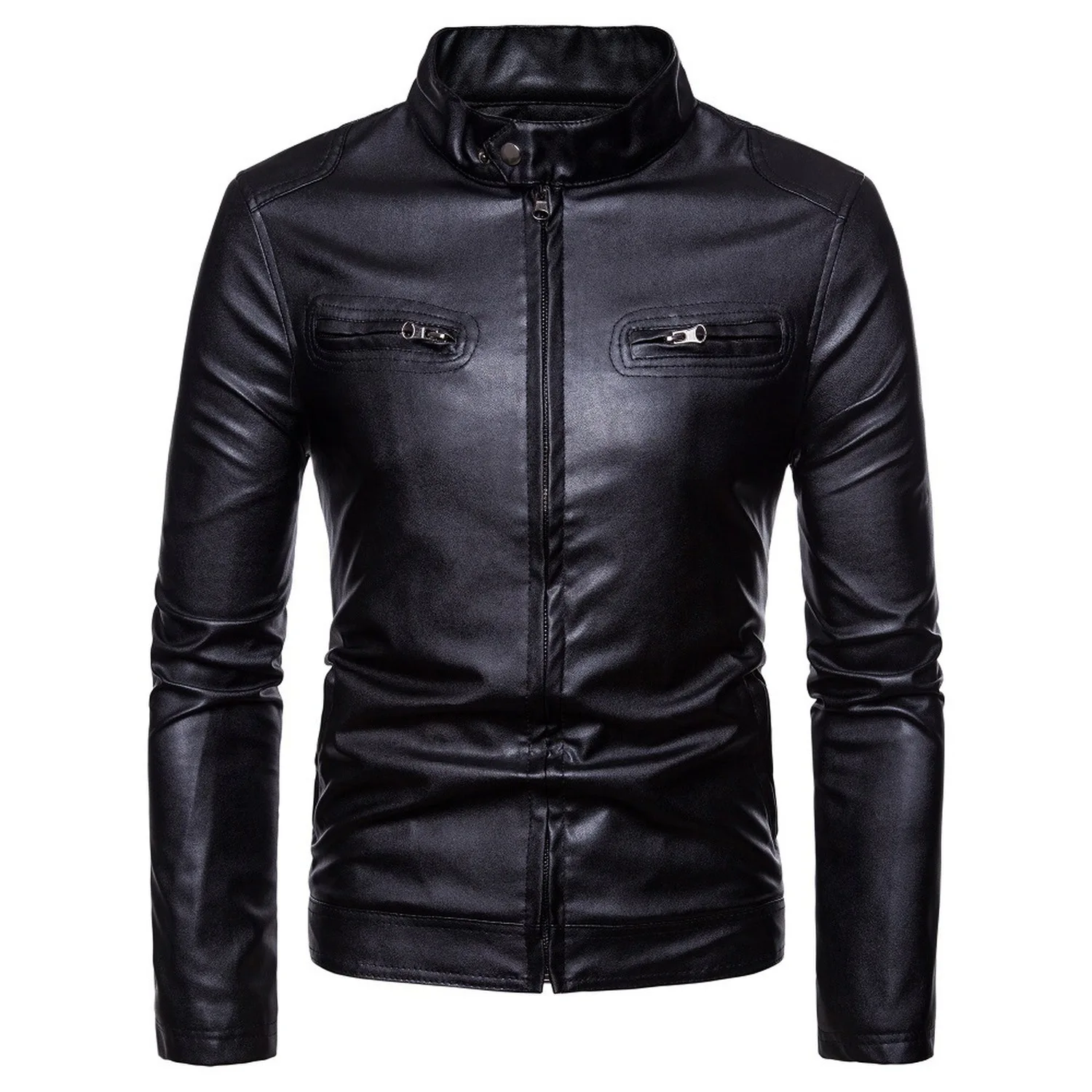 Leather Jackets Men Fashion Stand Collar Black Winter Zipper Patchwork Casual Faux Coats Long Sleeve PU Fur | Мужская одежда