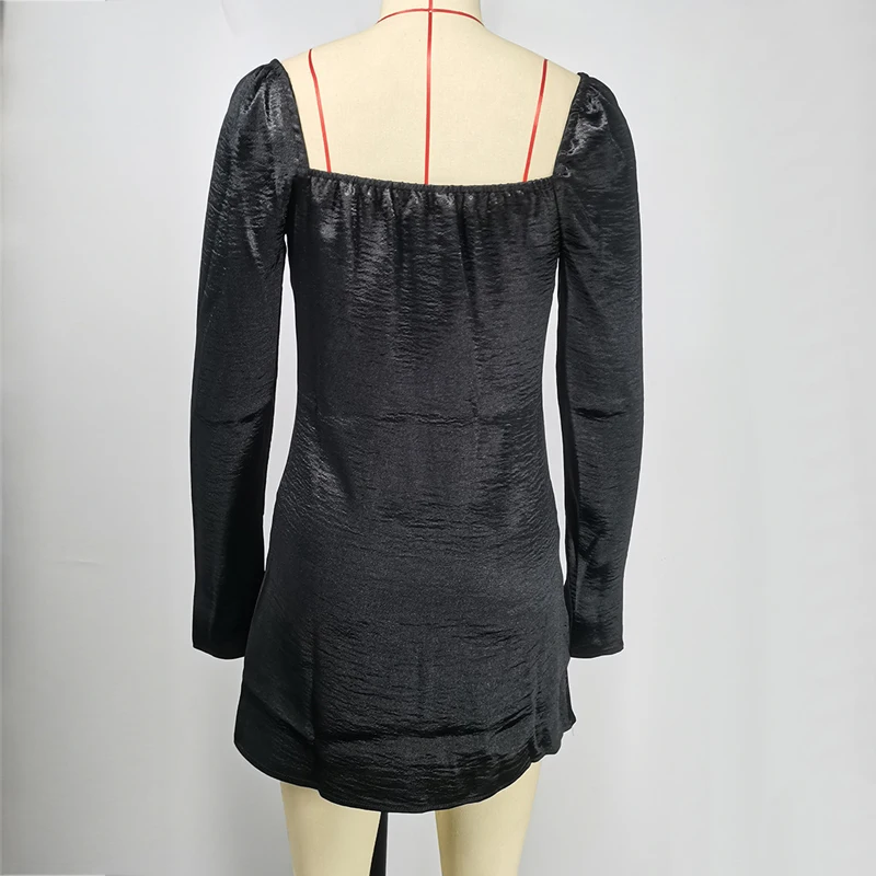 

Women Solid Black Mini Dress New Arrival Satin Spring Sexy Party Club Dresses Long Sleeve Bodycon Side Split Backless Vestidos