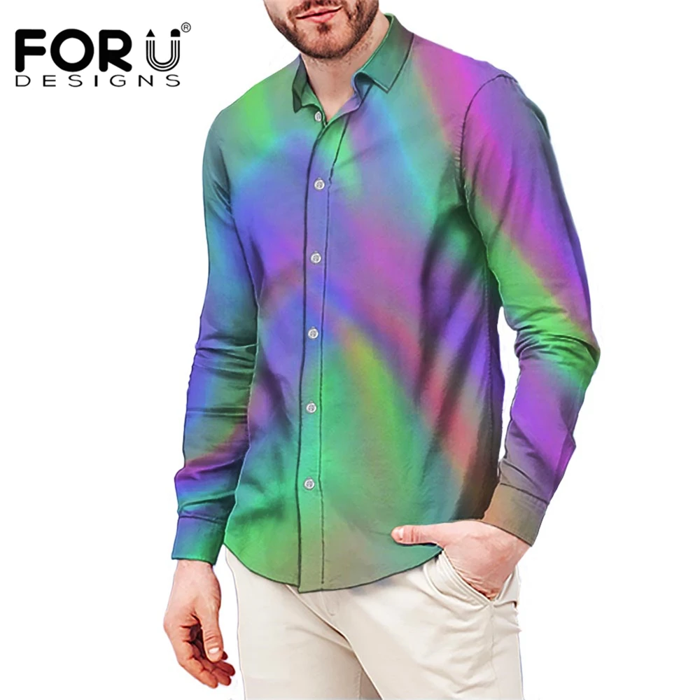 

FORUDESIGNS Psychedelic Holographic Trippy Print Social Shirts Fashion Regular Fit Cardigan Blouses For Male Casual Dress Shirt