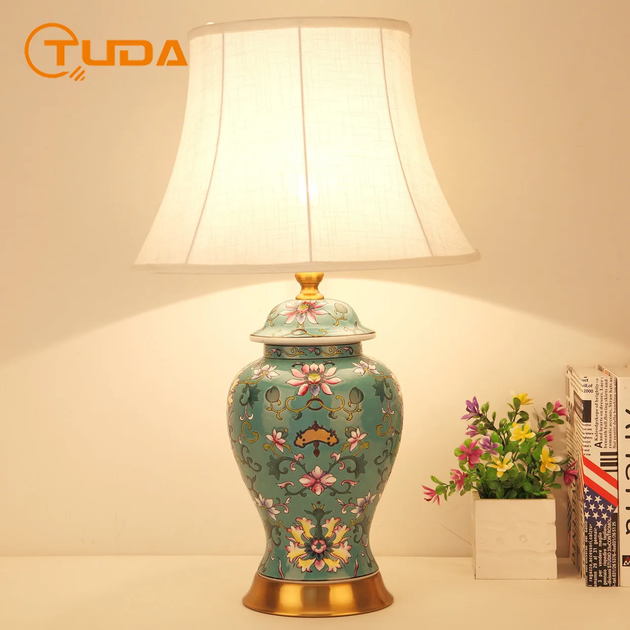 

40x65CM TUDA American Style Chinese Retro Ceramic Table Lamp For Bedroom Living Room Home Decor Study Room Bedroom Bedside Lamp