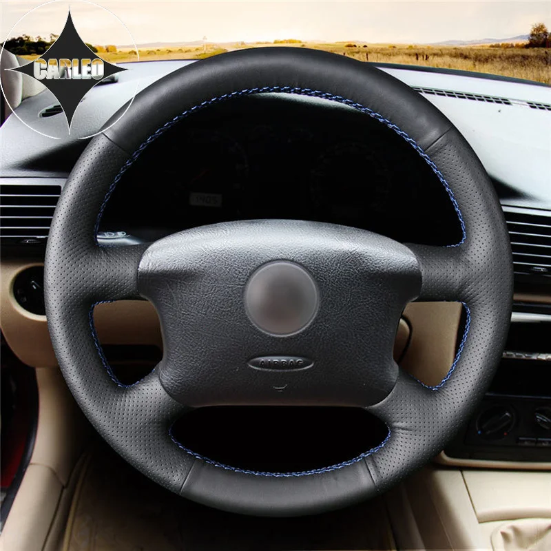 DIY Car Steering Wheel Cover for  Volkswagen VW Golf 4 Passat B5 Sharan Bora T4 T5 Genuine Black Leather Stitching Custom Holder
