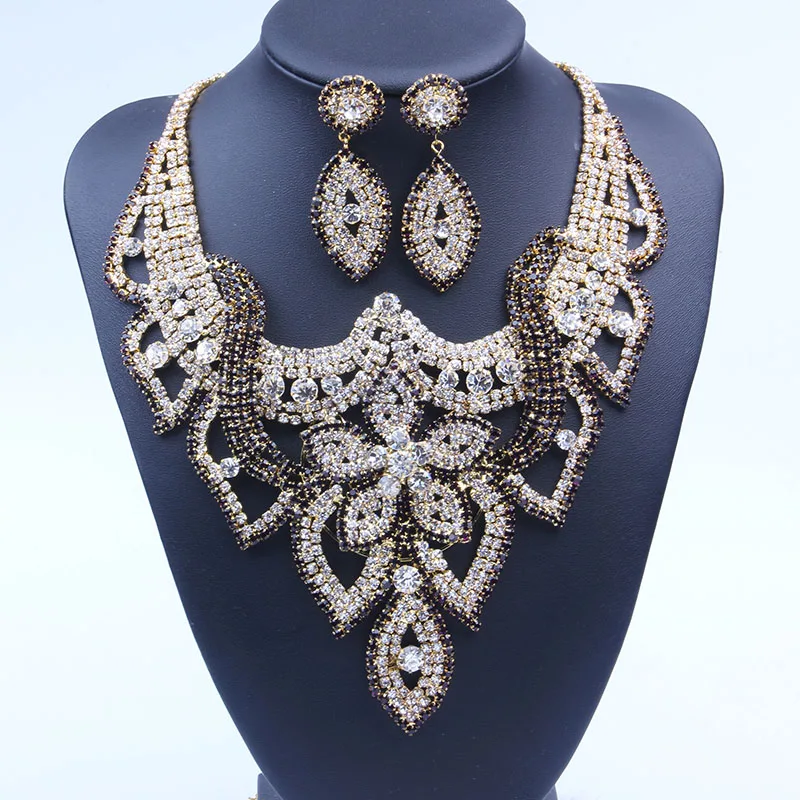 

2018 Wedding Jewelry Black Crystal Rhinestones Flower Necklace Earrings set for Women Plant Party African Bridal Jewelry sets