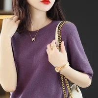 womens crew neck sweater short sleeve t shirt 100 wool loose elegant fashion soft skin friendly solid color exquisite lazy top