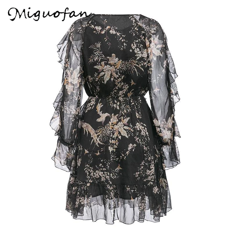 Женское платье с цветочным принтом Miguofan черное Бандажное платье-мини длинными