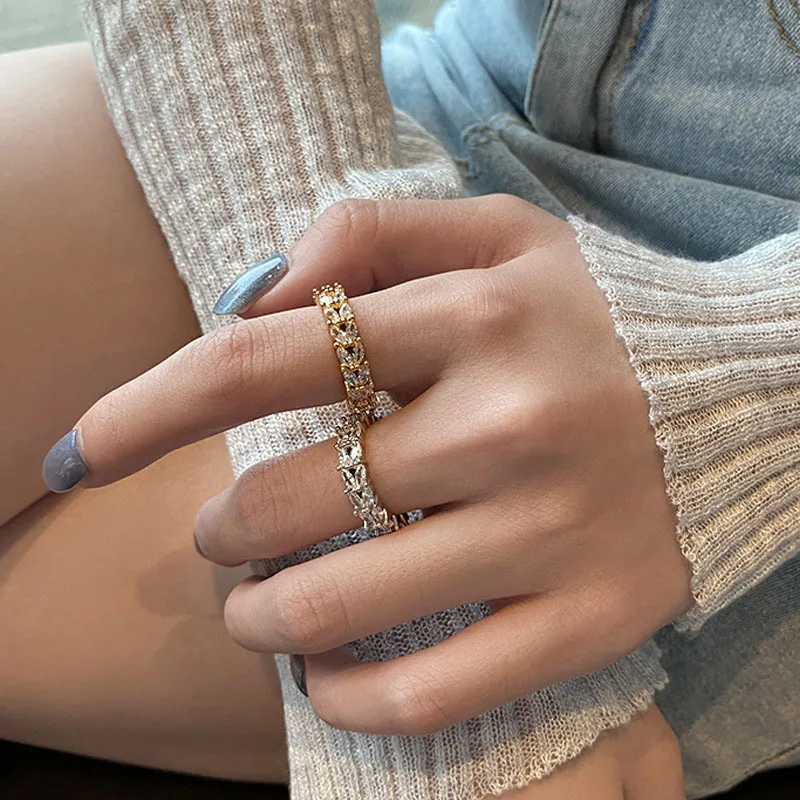 

925 Stamp Silver Double Layer Zircon Leaves Rings Female Luxury Temperament Golden Adjustable Party Ring
