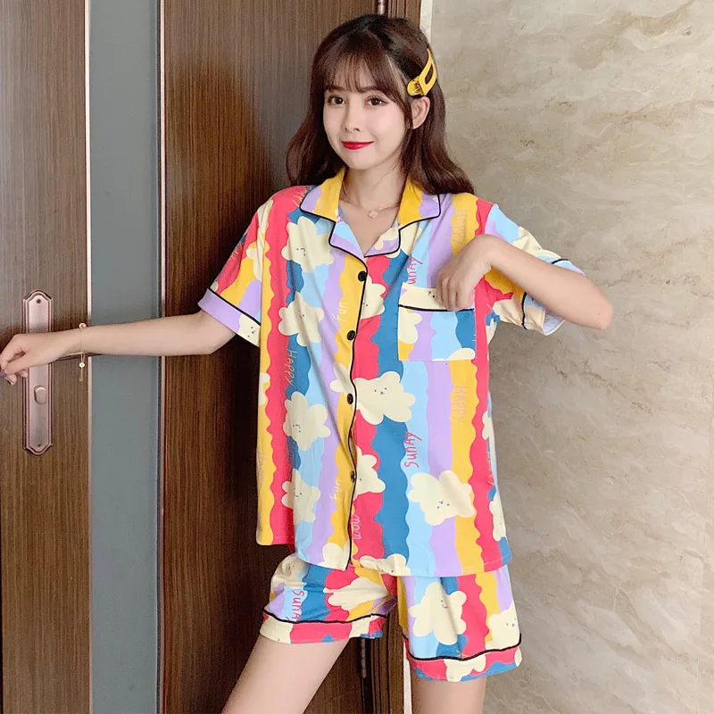 

Pajamas women's summer short sleeve shorts Lapel cardigan milk silk Korean cute cartoon loose housekeeping suit