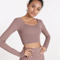 autumn winter women yoga suit long sleeve t shirt solid color gym workout running tight sports top women fitness wear crop wear