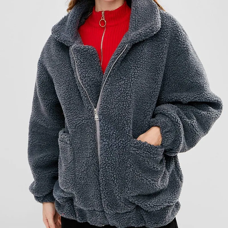 

2021 New Spring Women Coat Stand Collar Loose Plush Jacket Zipper Solid Warm Outwear Faux Lamb Coats