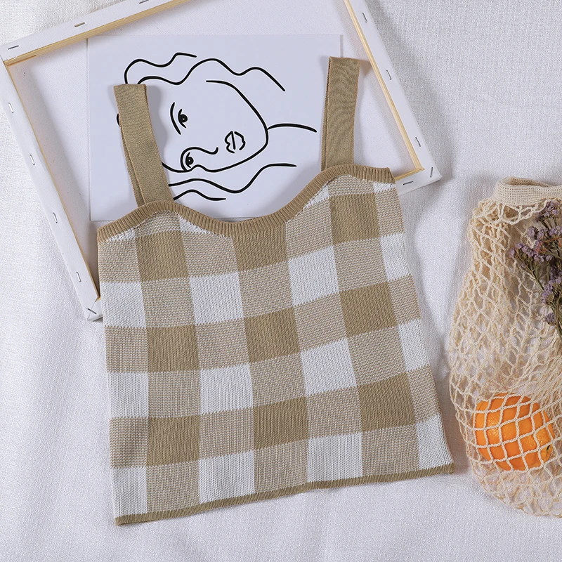 OUMEA женские вязаные топы укороченный топ в клетку на бретелях милые летние