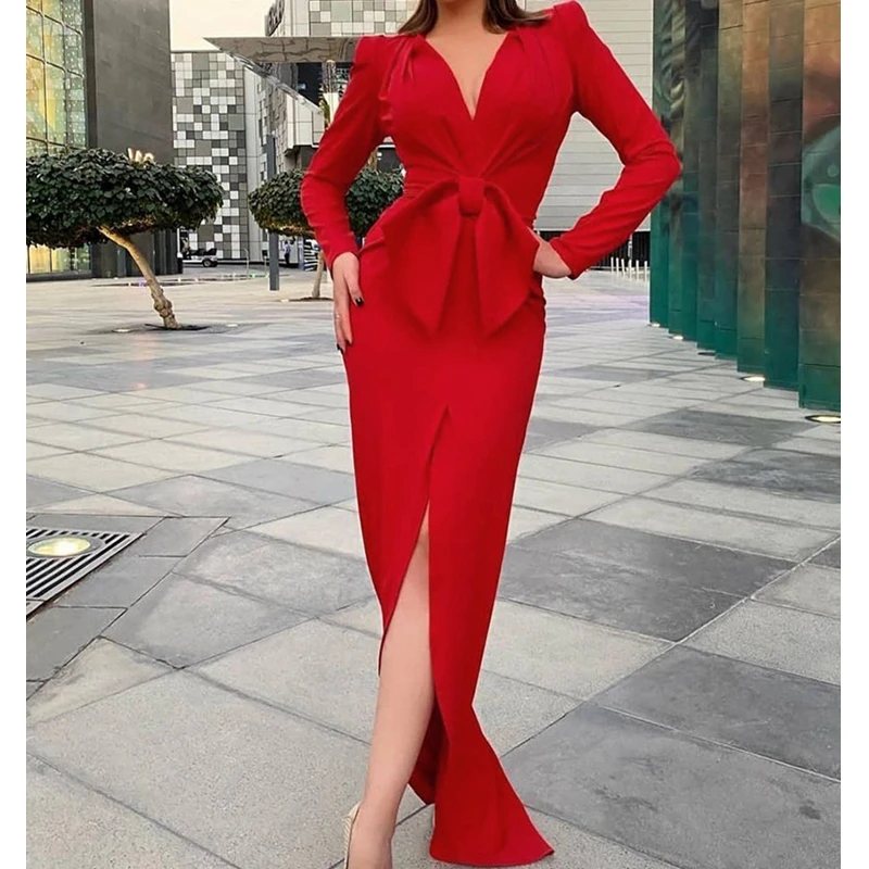

Wepbel Lace Up Fashion Party Dress High Waist Red V-neck Bow Long Dress Women Long Sleeve Slim Evening Formal Maxi Dress