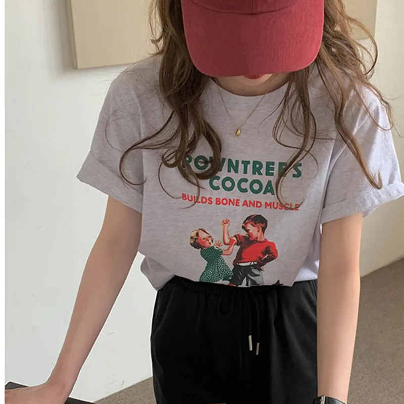 

Женская футболка с коротким рукавом, Повседневная футболка в Корейском стиле с винтажным Европейским принтом, 2 цвета, лето 2021