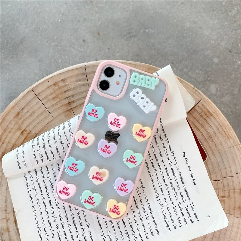 

INS Cute 3D Love Heart Girl Phone Case for IPhone 11 12 Pro Max Mini X XR XS Max 7 8 Plus SE 2020 Glue Protection Back Cover