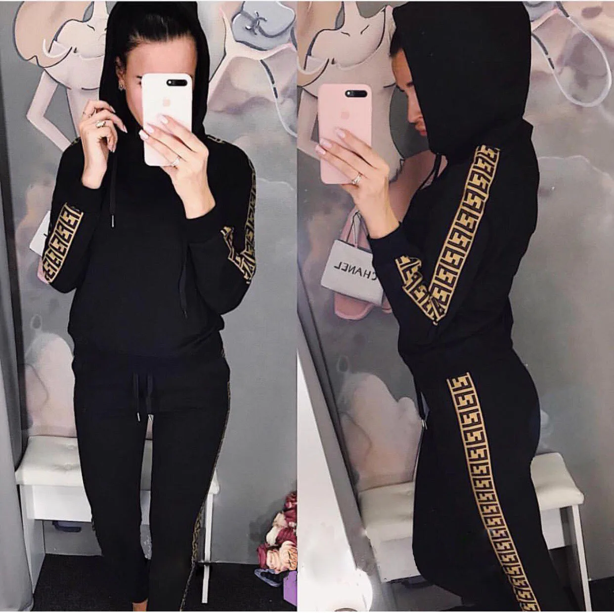 Donsignet Women's Suit Fashion Spring and Autumn Hooded Collar Pullover Long Sleeve Solid Color Letter Printing Two piece Suit| |
