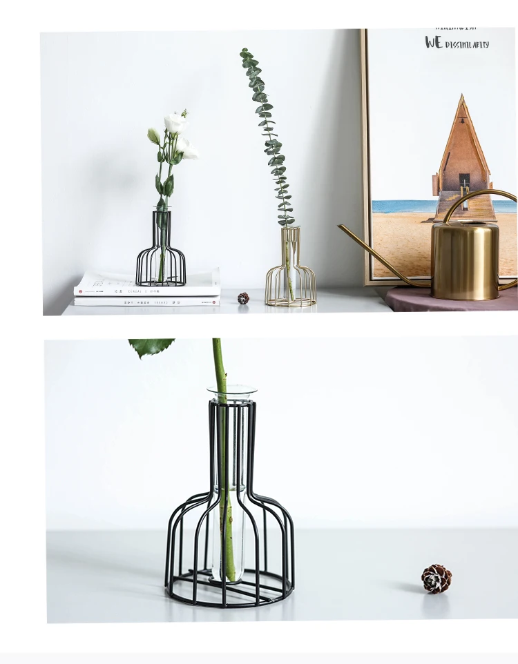 Black Lines Minimalist Abstract Iron Vase Geometric Hydroponic Vase Rack Home Decor Vase Abstract Glass Terrarium Gold Vase