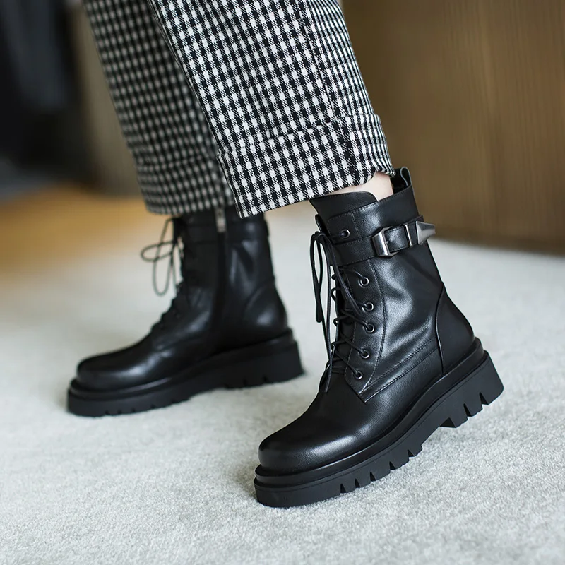 Beli Sepatu Bot Martin Kulit Sapi Asli Sepatu Bot Pergelangan Kaki Ritsleting Ujung Bundar Gaya Inggris Musim Gugur 2020 Bawah Tebal Wanita